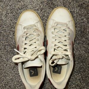 Veja Women's White Leather Sneakers with Red V Detail